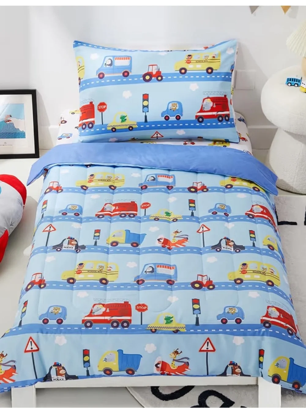 4-Piece Toddler Bedding Set Cars bus  Roads Blue Stop Sign Police